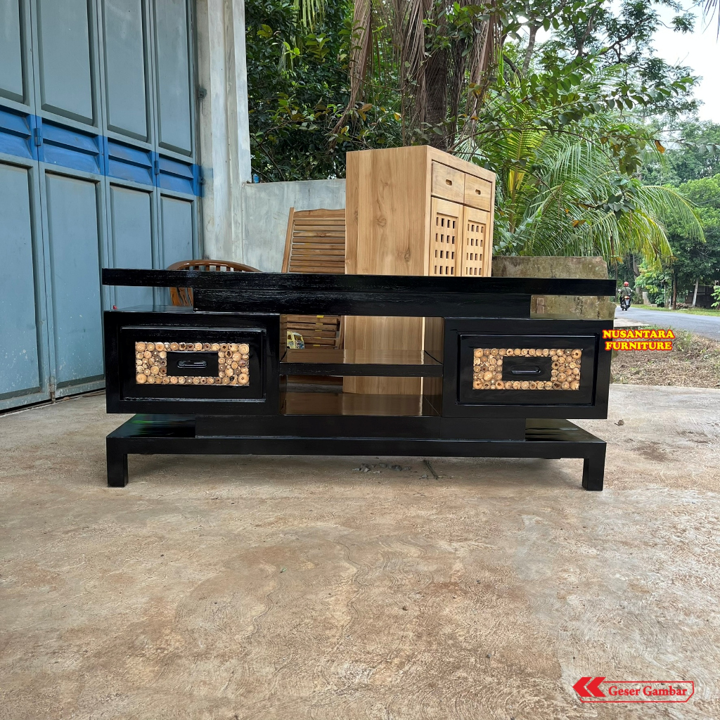 Meja TV Premium Hitam 2 Laci - Bufet TV Minimalis Modern - Rak TV Kayu Jati TERMURAH