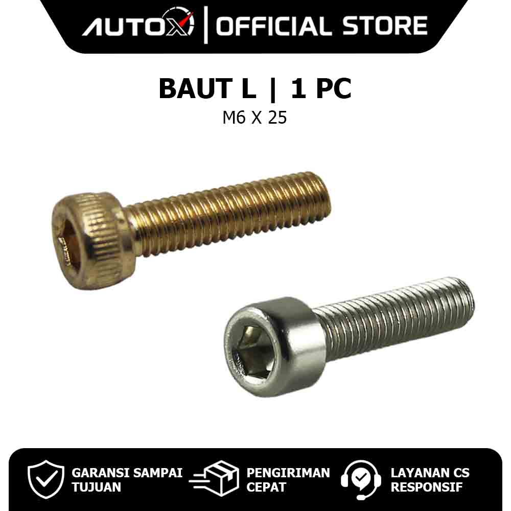 Baut L M6 X 25 Variasi Warna Emas & Nikel K5 Baud Bolt L5 6X25 Kunci 5 P Pitch 1