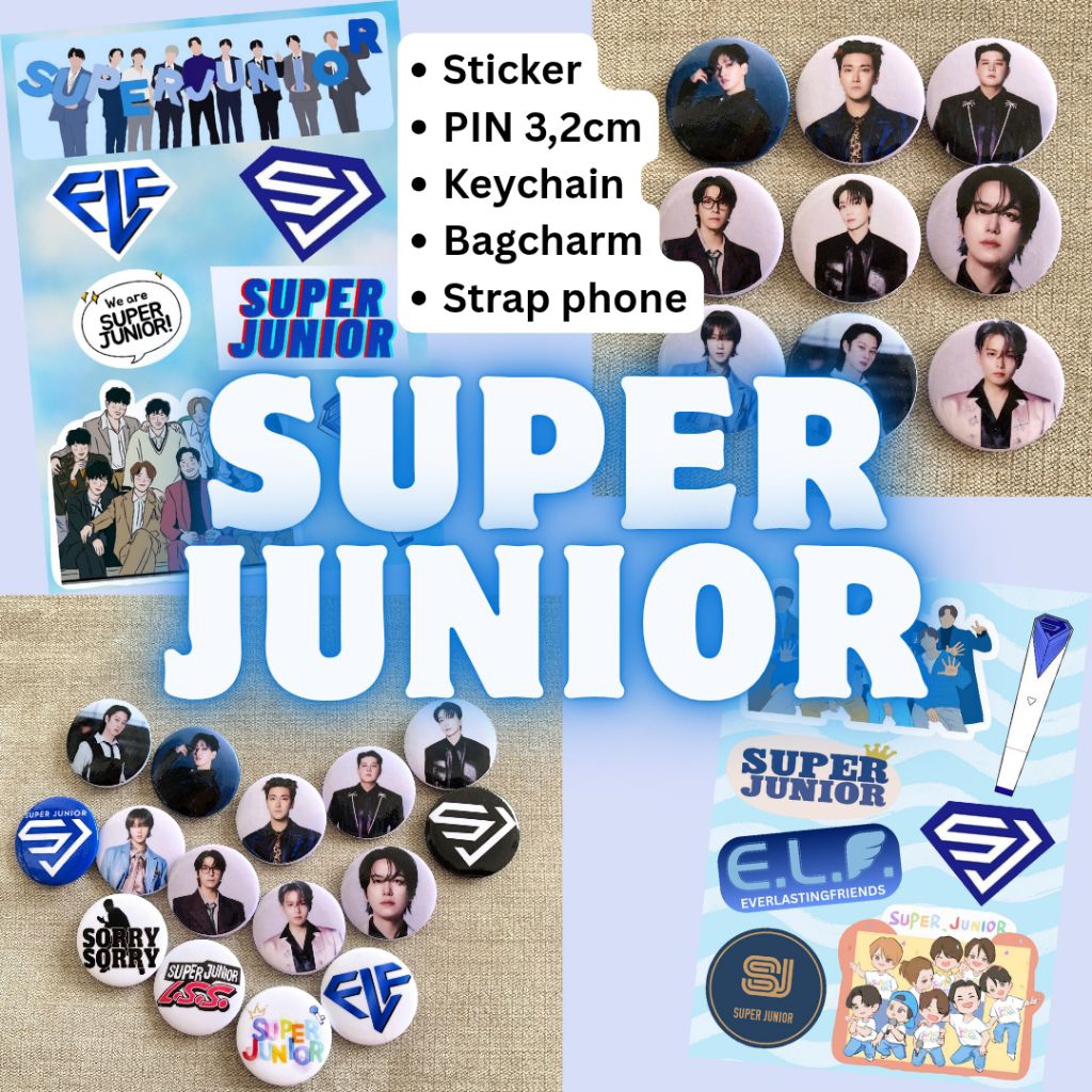 SUPER JUNIOR aksesoris, SUJU accessories, pin super junior, sticker super junior, bagcharm strap pho
