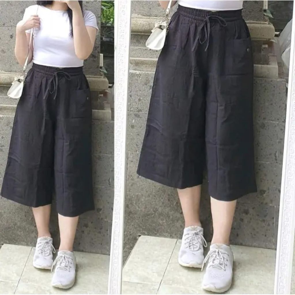 Celana Kulot 7/8 Kancing Bahan Linen Premium Kekinian Pinggang Karet Celana Wanita Kulot Linen Stand