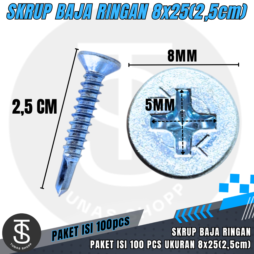Skrup Baja Ringan 8x25 Isi 100pcs / Self Drilling Screw / Sekrup Baja Ringan Panjang 2,5cm / Skrup B