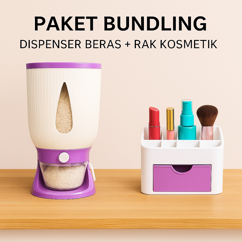 PAKET HEMAT Dispenser Beras Trilins & Rak Kosmetik Mini Tempat Penyimpanan Praktis Serbaguna