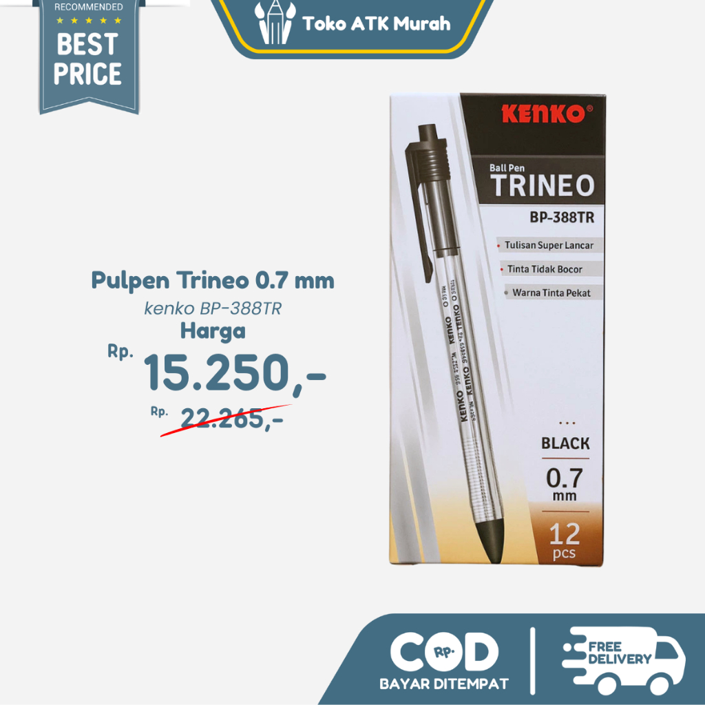 

1 PAK / 12 PCS Ballpoint Cetek Kenko Trineo BP-388TR Pulpen 0.7mm Black - Lusin
