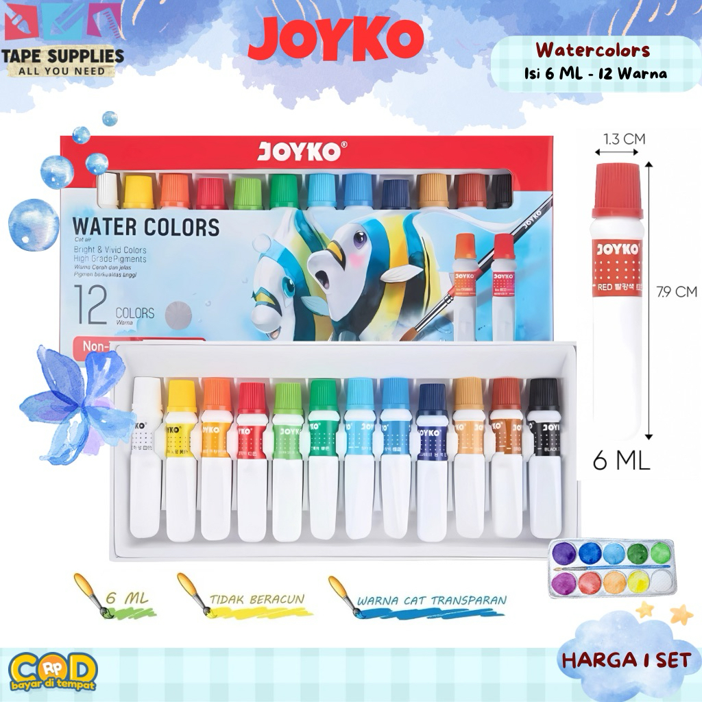 

(6ML) Cat Air Watercolor Joyko WAC 6ML – Pilihan 12 Warna – Non-Toxic Pigmen Berkualitas Tinggi