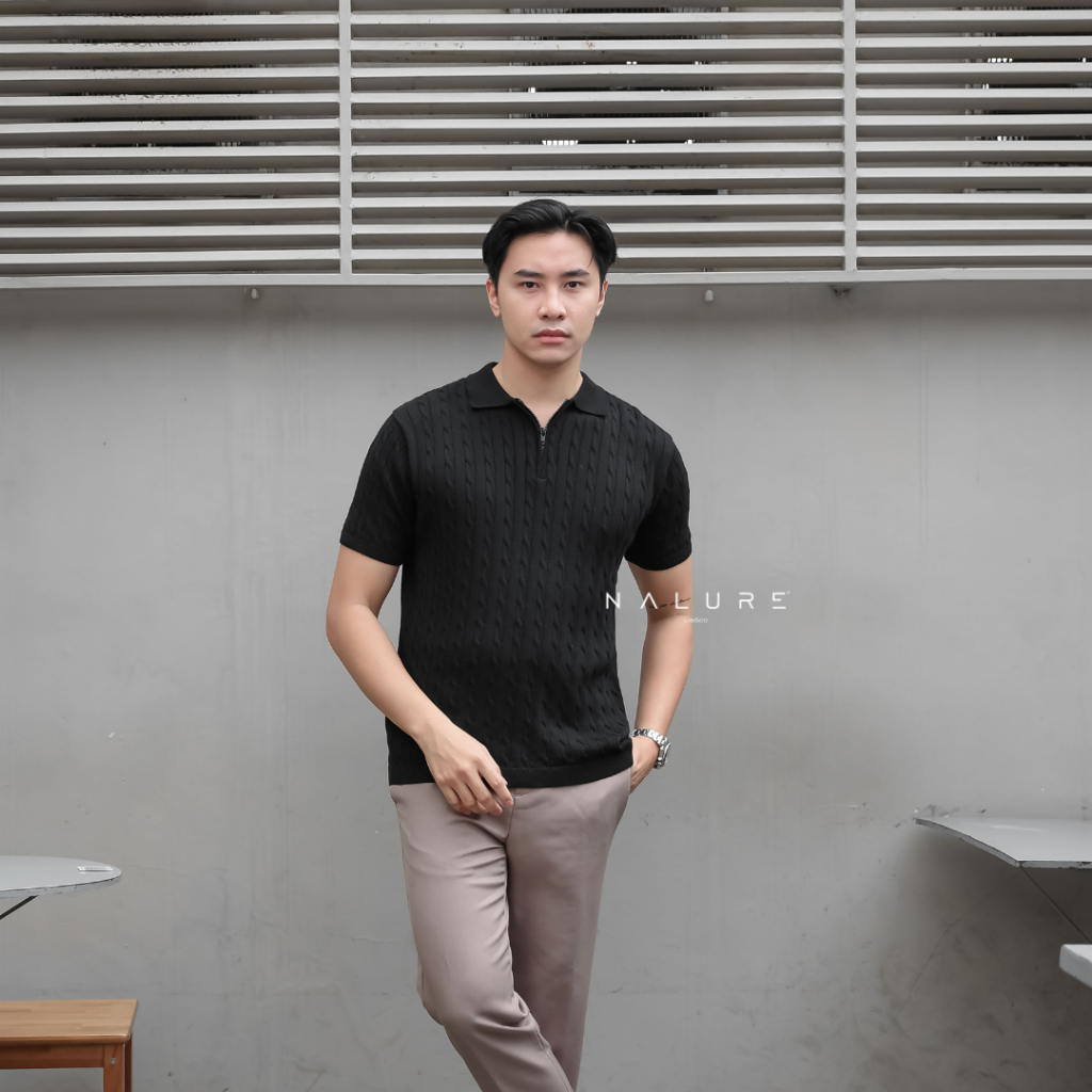 Nalure Men's Cable Knit Polo | Atasan Polo | Polo Cable Knit | Rajut Polo Pria