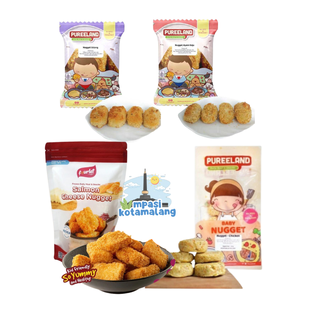 

PUREELAND FOURLET FROZEN NUGGET CHICKEN BEEF SALMON DORI / NAGET AYAM SAPI IKAN / FINGER FOOD NUGGET NO MSG 12PCS LAUK SIAP SAJI