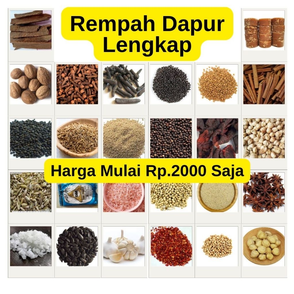 

Rempah Dapur Lengkap - Harga Mulai 2RB Cabe, Bawang, Ketumbar, Pala, Kapulaga, Jinten, kayu Manis, Klebet, Kayu Masoyi. Pulosari, bunga Lawang, Pala Kemiri, Garam, Cengkeh, Asam Kandis dll