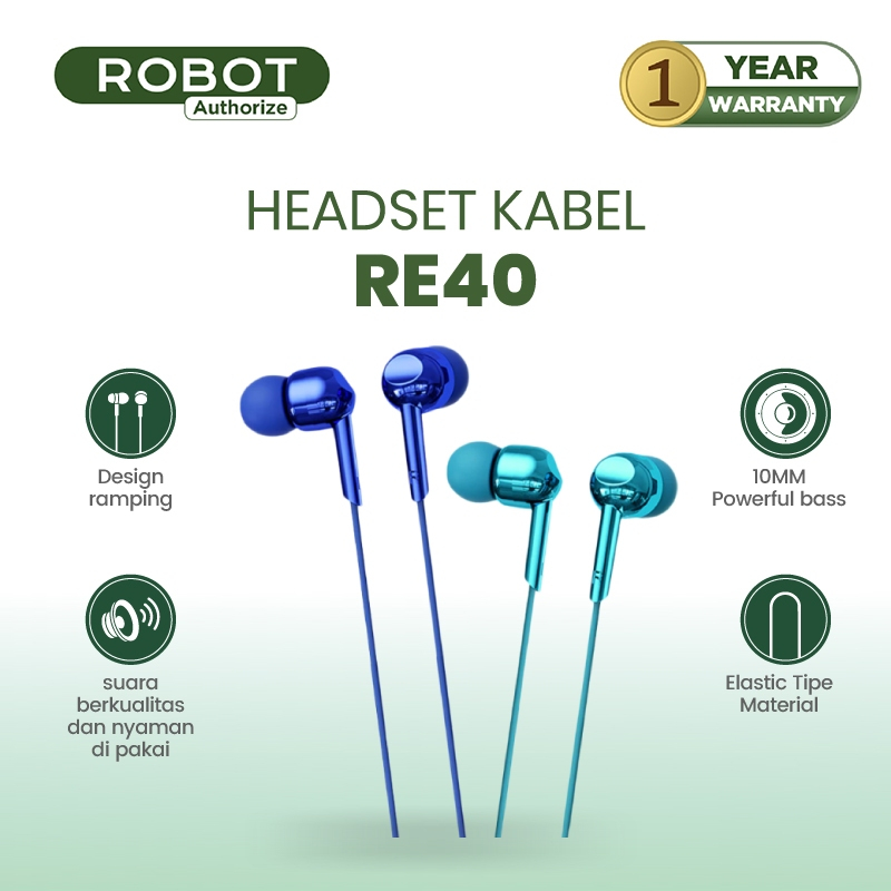 ROBOT Headset Kabel Full Bass Wired Earphone Suara Jernih Awet dan Tahan Lama Headset RE40 Original 