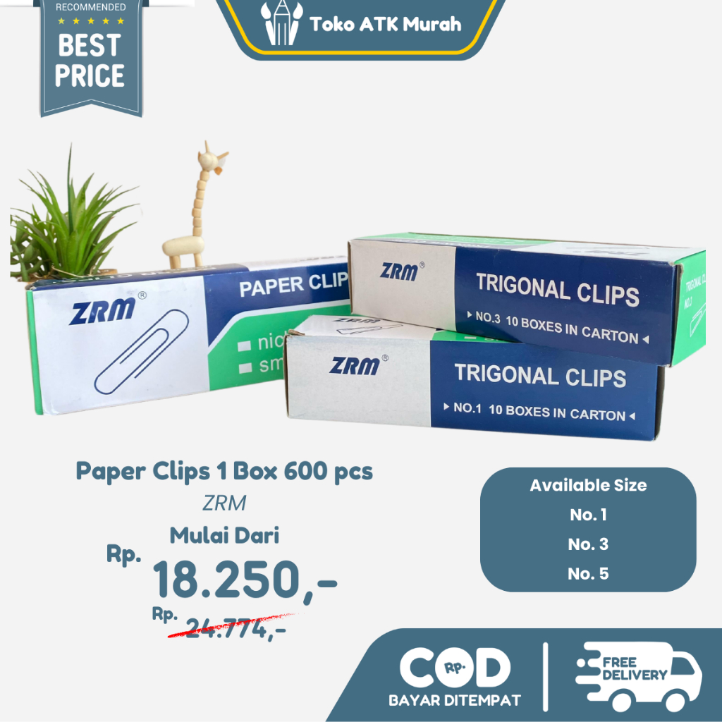 

Paper Clips ZRM Trigonal No. 1 (28 mm) / No. 3 (25 mm) / No. 5 Jumbo - Klip Kertas 1 Box 600 pcs