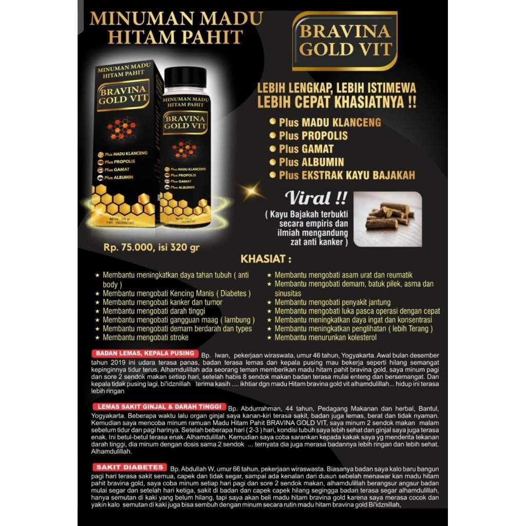 

MADU HITAM PAHIT BRAVINA GOLD VIT, LEBIH LENGKAP, LEBIH ISTIMEWA, LEBIH CEPAT KHASIATNYA!!! Membantu strok kolestrol diabetes dll