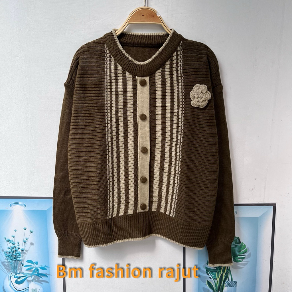 YUKKY sweater rajut motif kancing strip bunga wanita  korea lengan panjang
