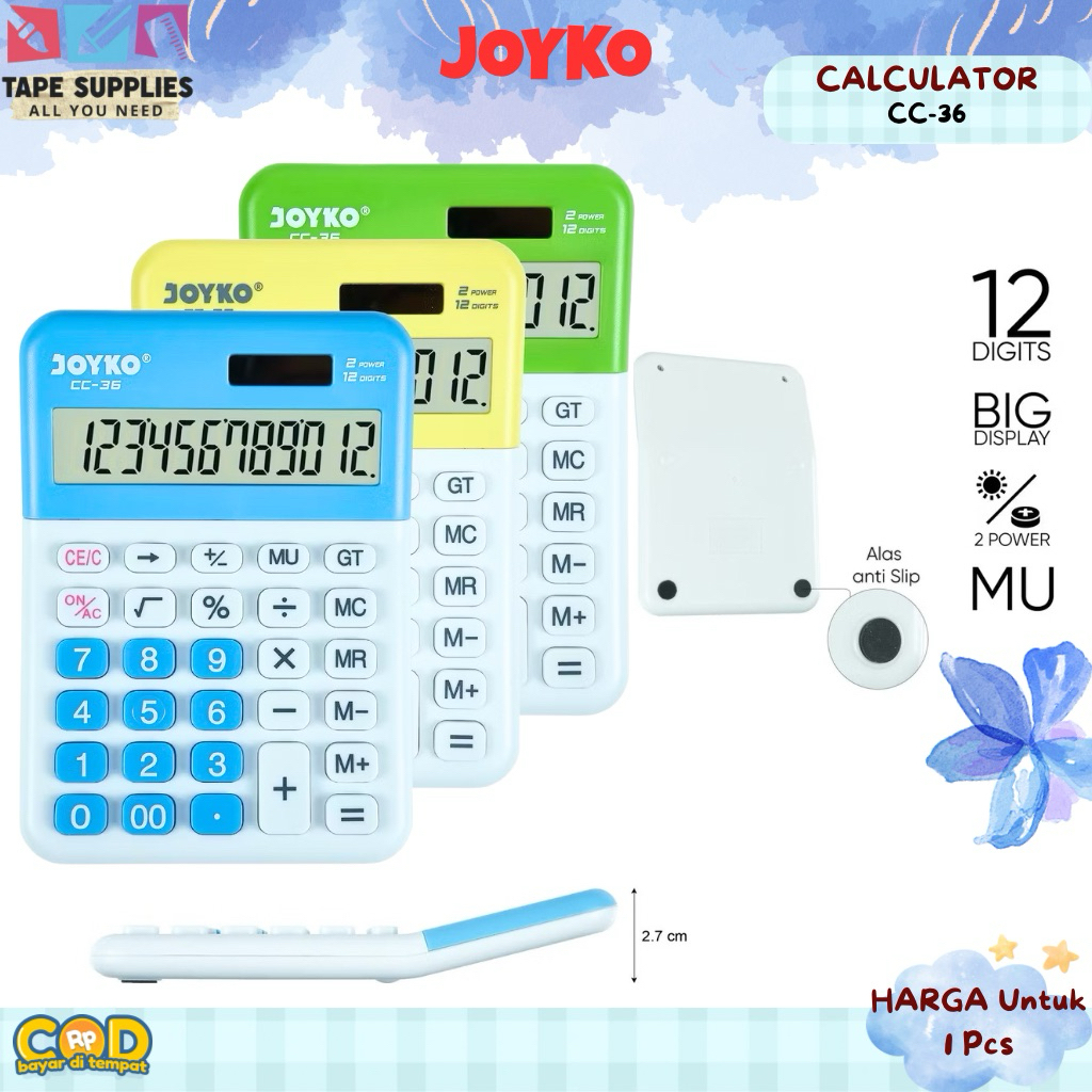 

(KALKULATOR SEKOLAH) Joyko Kalkulator CC-36 – 12 Digit, Check & Correct, Dual Power Solar + Baterai, Layar Besar