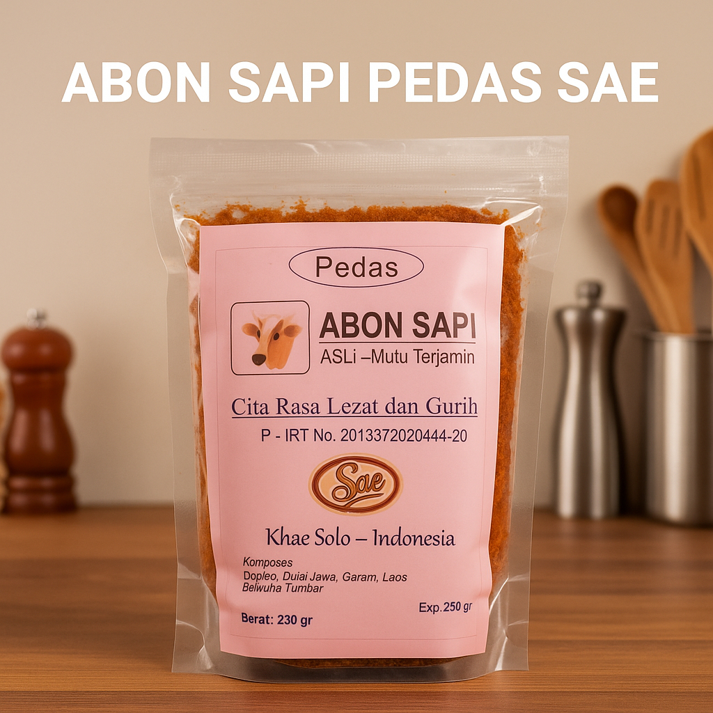 

Abon Sapi Pedas Spesial Asli Merk SAE Khas Kota Solo