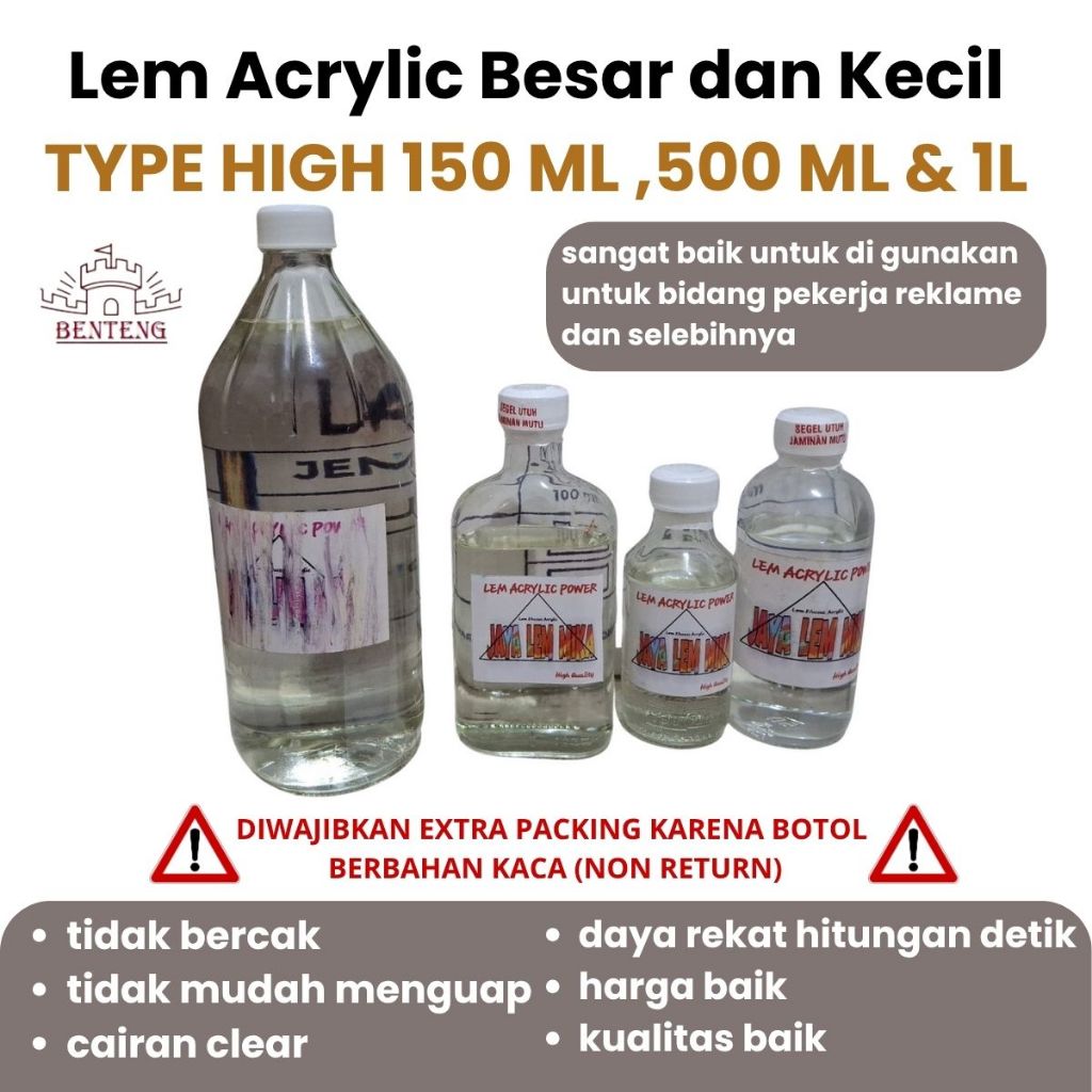 

Lem Akrilik - Termurah ! Lem Bening Akrilik Type High 150 ML , 500 ML , 1 L, Untuk Akrilik