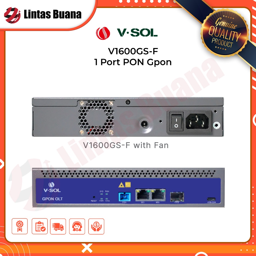 V-SOL V1600GS-F 1 Port GPON OLT VSOL AC+DC 12V UPLINK 1 PON 10G SFP+ 2 RJ45 L-3 V1600 GS-F WITH FAN