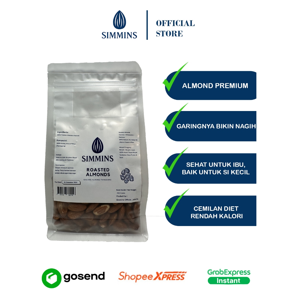 

Almond utuh Panggang Premium 250GRAM ,Siap di konsumsi - By Simmins