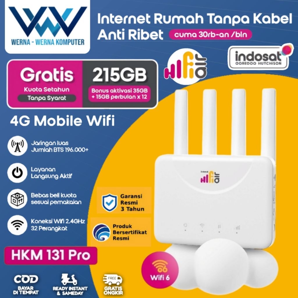 Modem Wifi Indosat Hifi Air Router Wireless HKM 131 PRO 4G LTE Free Kuota 215 GB