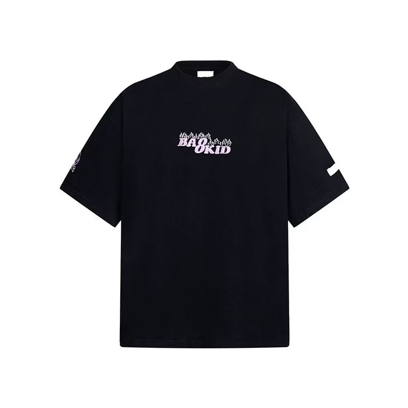 Tren Eropa dan Amerika huruf api logo dasar bordir tiga dimensi lengan pendek pria dan wanita musim 