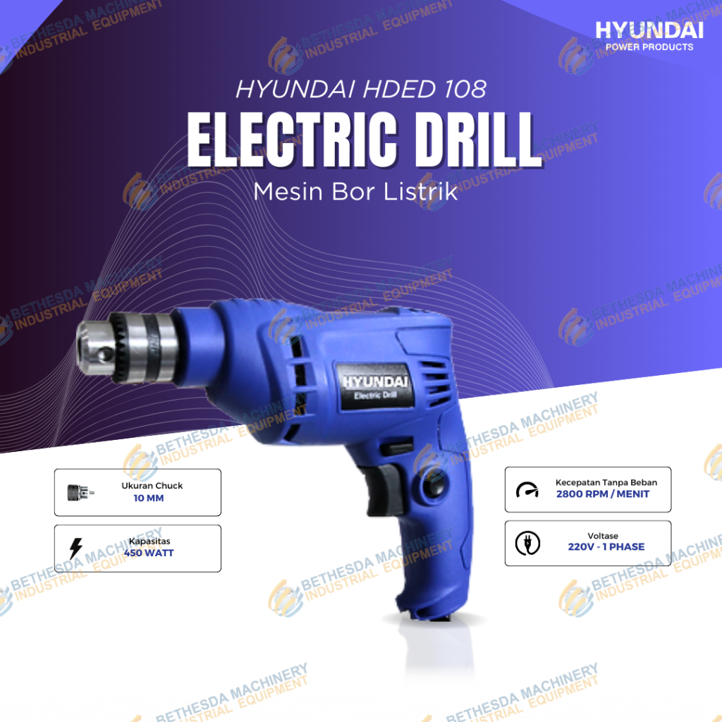 Mesin Bor Tangan Listrik 10mm Drill Electric HDED108 Bor Tembok Keramik HYUNDAI