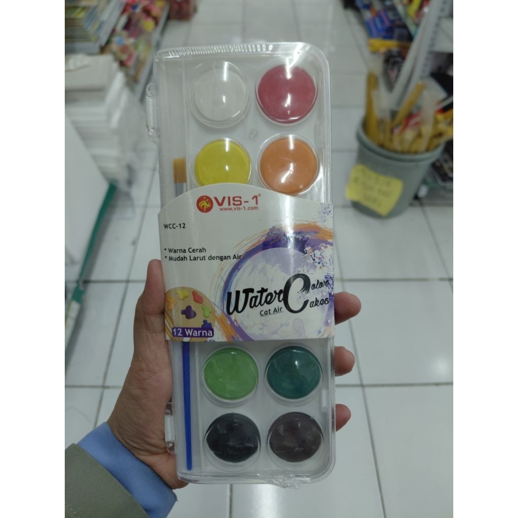 

Water Colour Cat Air Kering Murah 3 in 1 dengan Kuas dan Palet isi 12 Warna Merk Vis-1
