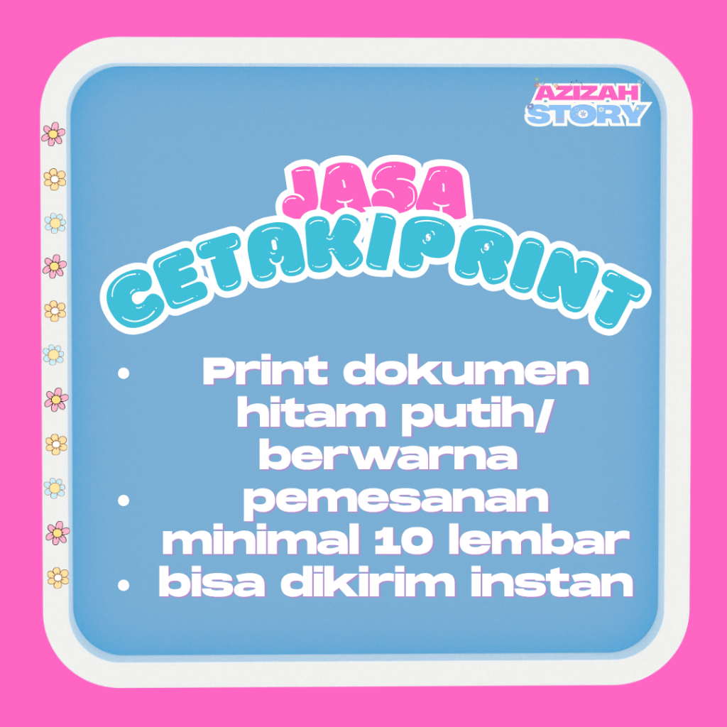 

(Azizah Printing) Jasa cetak/print A4 (hitam putih dan warna)/Print dokumen/Print Proposal/Worksheet