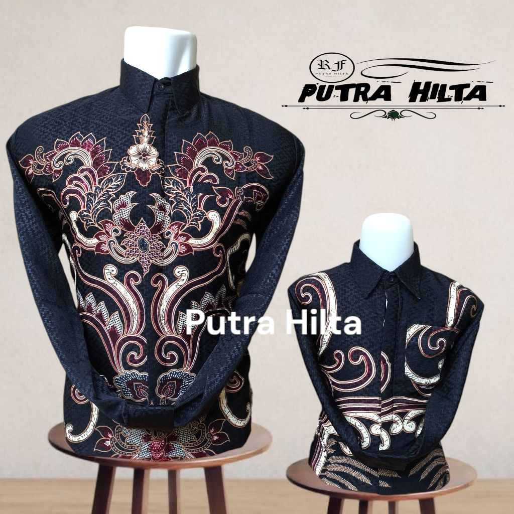 Batik Couple Ayah Anak Bahan Dobby Lapis Furing Hero Warna Hitam Motif Elegan//Batik pesta couple ay