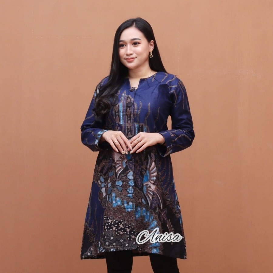 Atasan Batik Muslimah Tunik Batik Wanita Lengan Panjang Syari Modern Kerja Kantor Terbaru B3