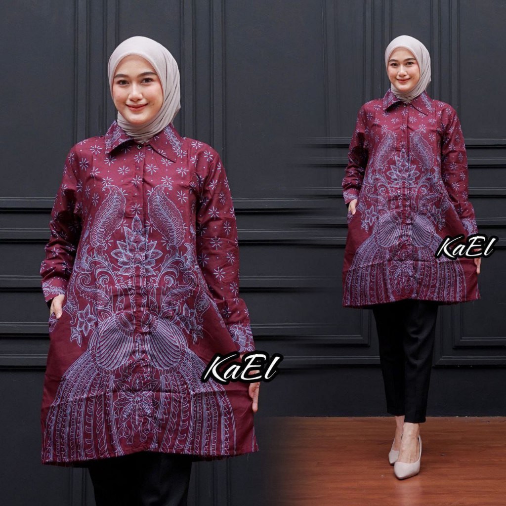 Atasan Batik Muslimah Tunik Batik Wanita Lengan Panjang Syari Modern Kerja Kantor Terbaru C1