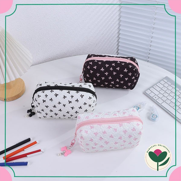 

Kotak pensil new pleated bow pouch makeup tempat pensil alat tulis coquette motif pita lucu cute MK2025