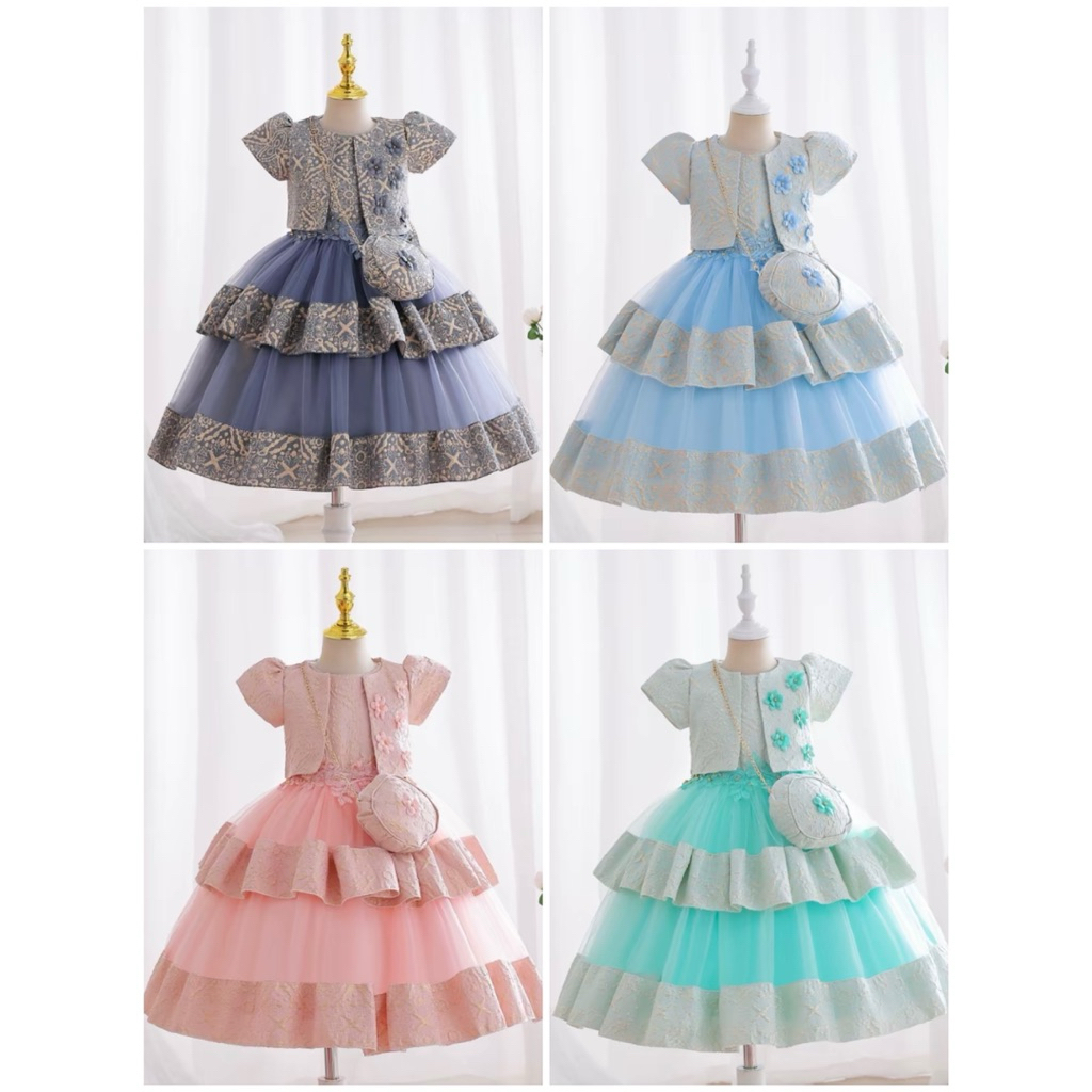 Gaun Anak Perempuan Bunga Free Tas Sling Bag Rompi Vest Dress Terusan Pesta Impor Korea Embroidered 