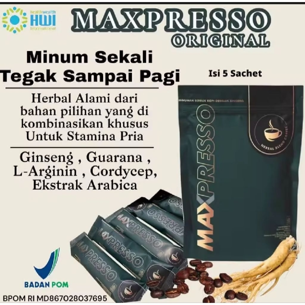 

MAXPRESSO HWI Original isi 5 Sachet Kopi Maxpreso Coffee Untuk Stamina Pria