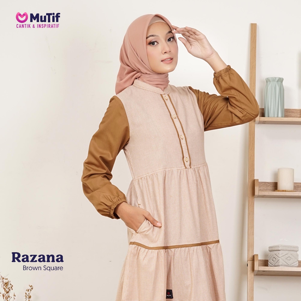 MUTIF Gamis Wanita Dewasa Razana Motif Mini Square Kotak Ruffle Bertingkat dan Busui Wudhu Friendly