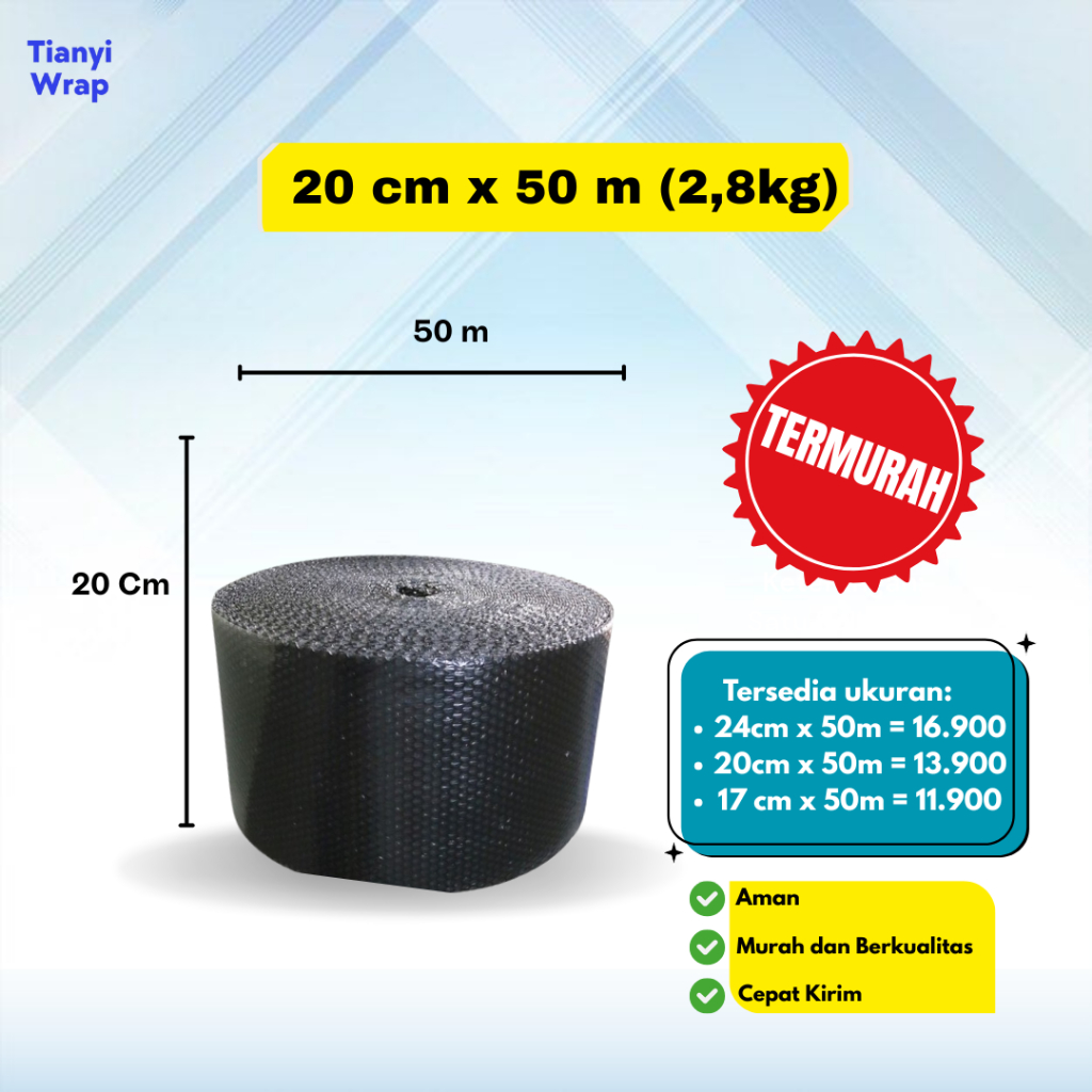

Bubble Wrap Hitam Berat 2,8kg | 24cm, 20cm, 17cm x 50meter | ROLL | Bahan Tebal dan Murah.