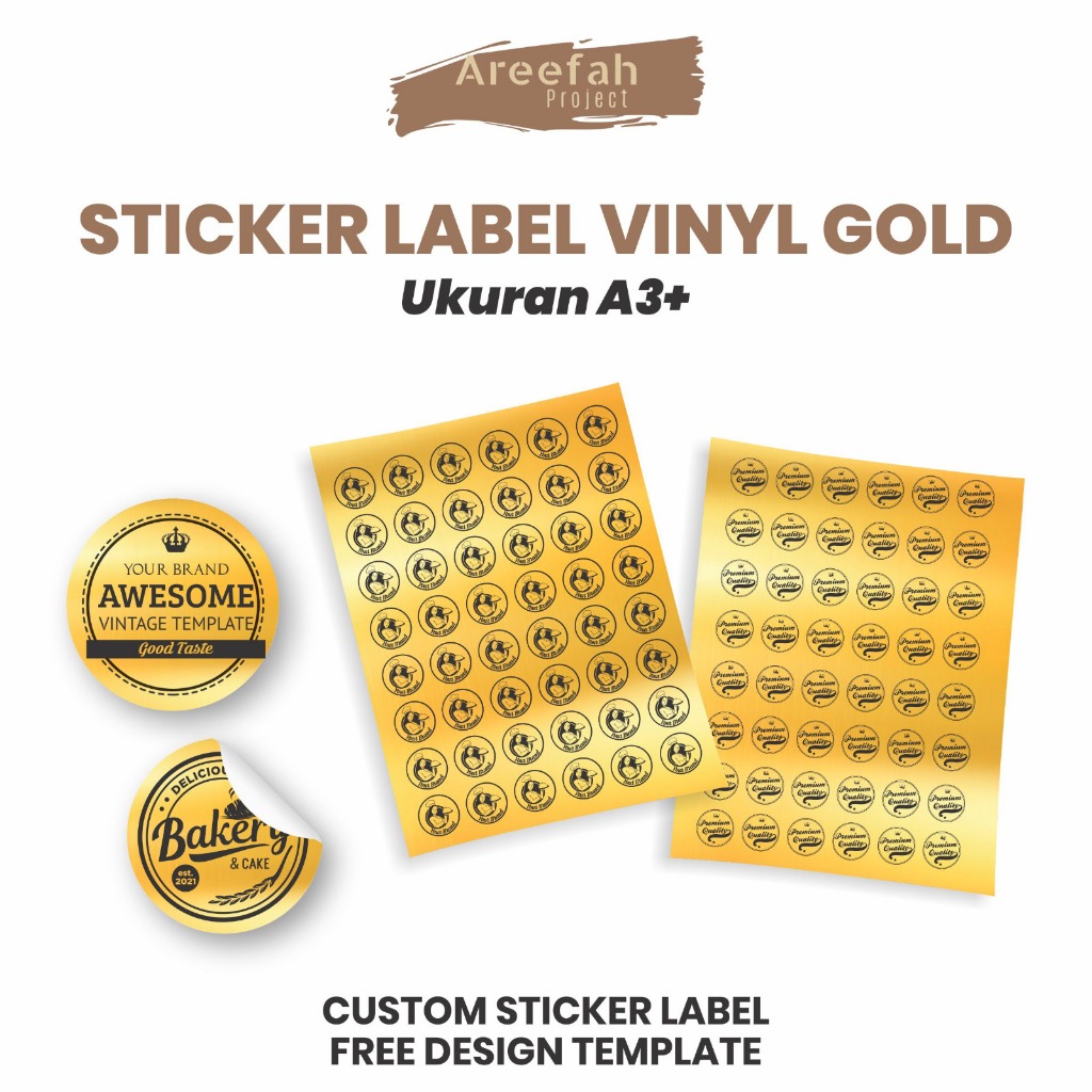

Areefah Cetak Stiker Label Vinyl Gold Glossy | Stiker Vinyl Gold Tahan Air Custom Ukuran A3+ | Stiker Label Kemasan Produk