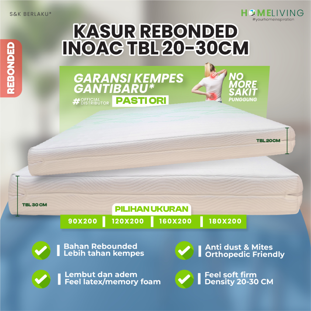 HOMELIVING - KASUR REBONDED INOAC/KASUR TANPA PER/KASUR ORTHOPEDIC/KASUR REBONDED 180 X 200 TEBAL 20