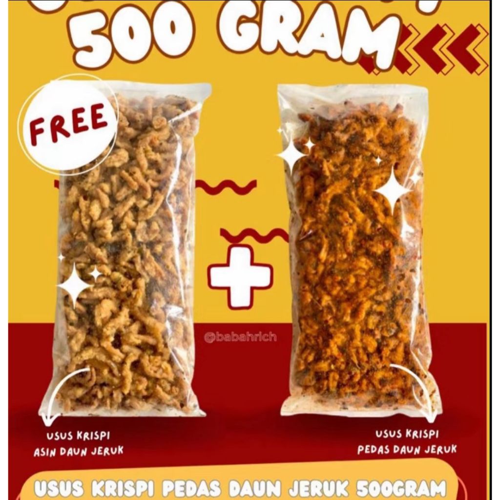 

BUY 1 GET 1 (USUS KRISPI 500GRAM ASIN DAUN JERUK+USUS KRISPI 500 GRAM PEDAS DAUN JERUK)