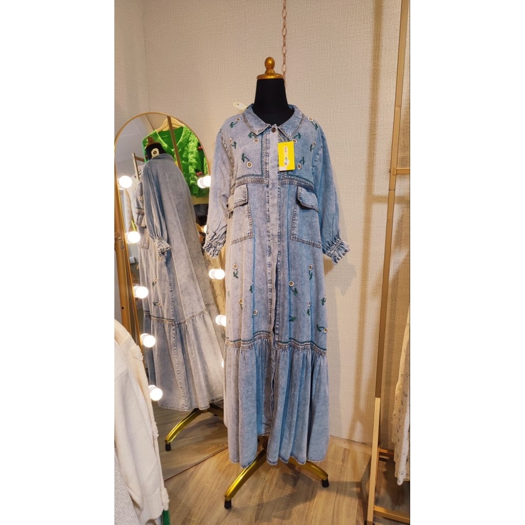 Dress Gamis Midi  Jeans Denim Zhemmora Light Blue Bordir Bunga 040004