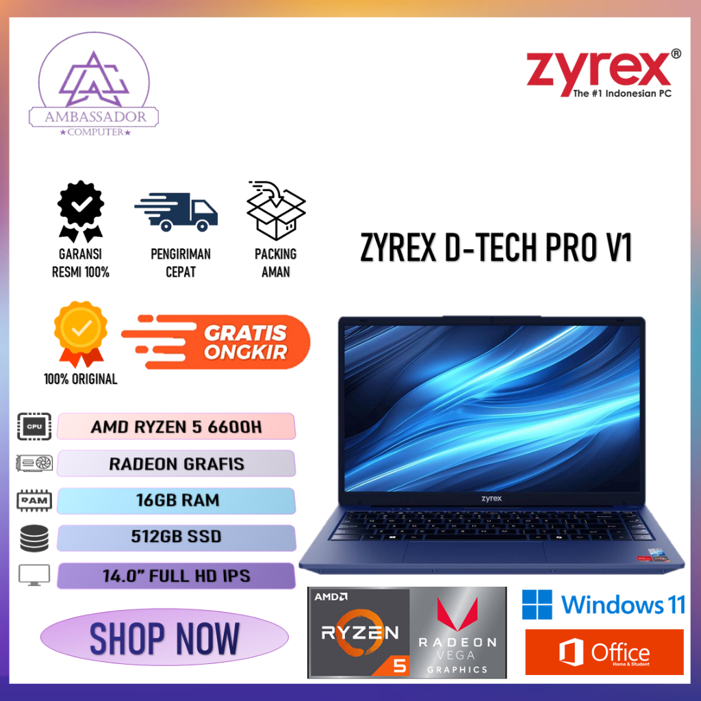 LAPTOP MURAH ZYREX D-TECH PRO V1 RYZEN 5 6600H 16GB 512GB W11 14.0FHD IPS