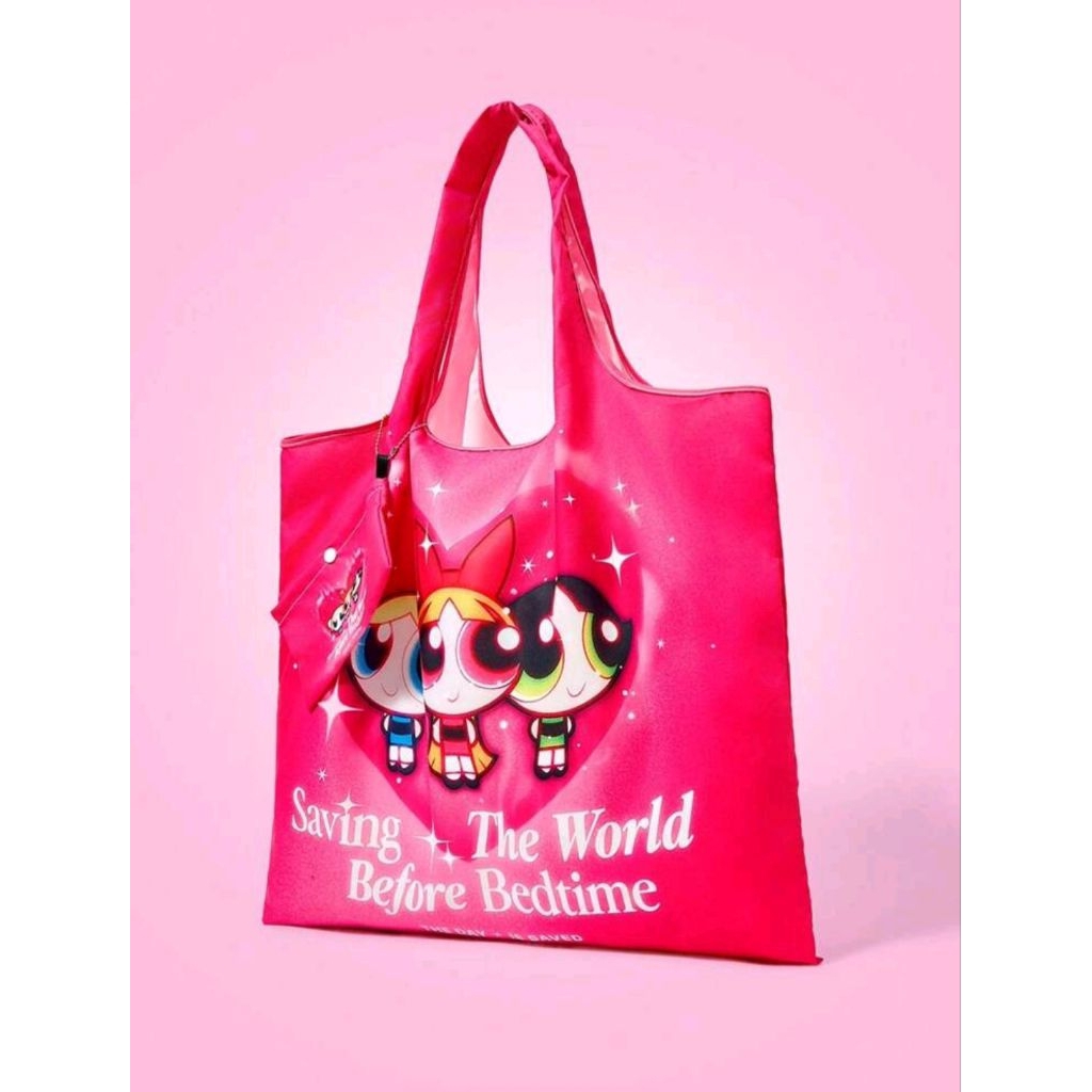 THE POWERPUFF GIRLS X SHEIN 1pc Foldable Red Heart & Blossom, Bubbles, Buttercup Pattern Tote Bag Fo