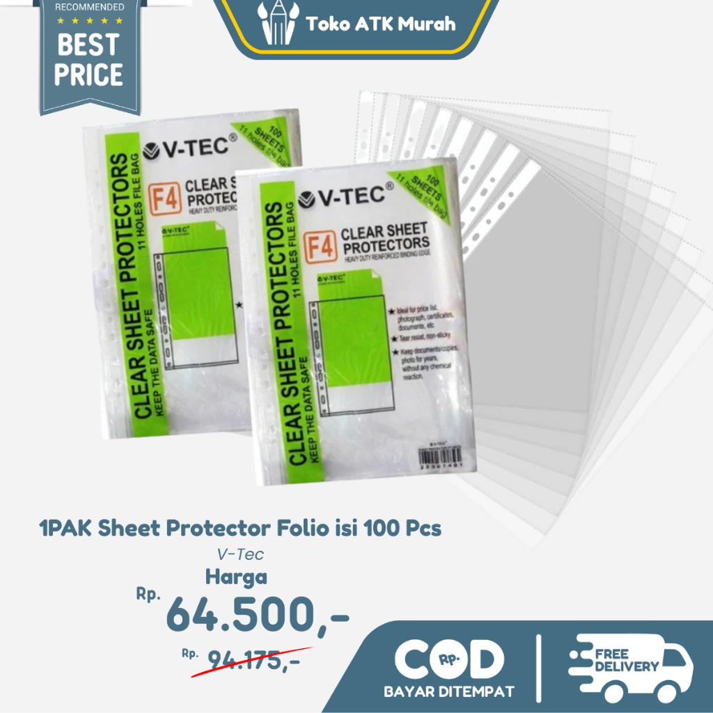 

1PAK Sheet Protector Folio V-Tec F4 Isi 100 Pcs / Map Plastik Dokumen Ordner Binder