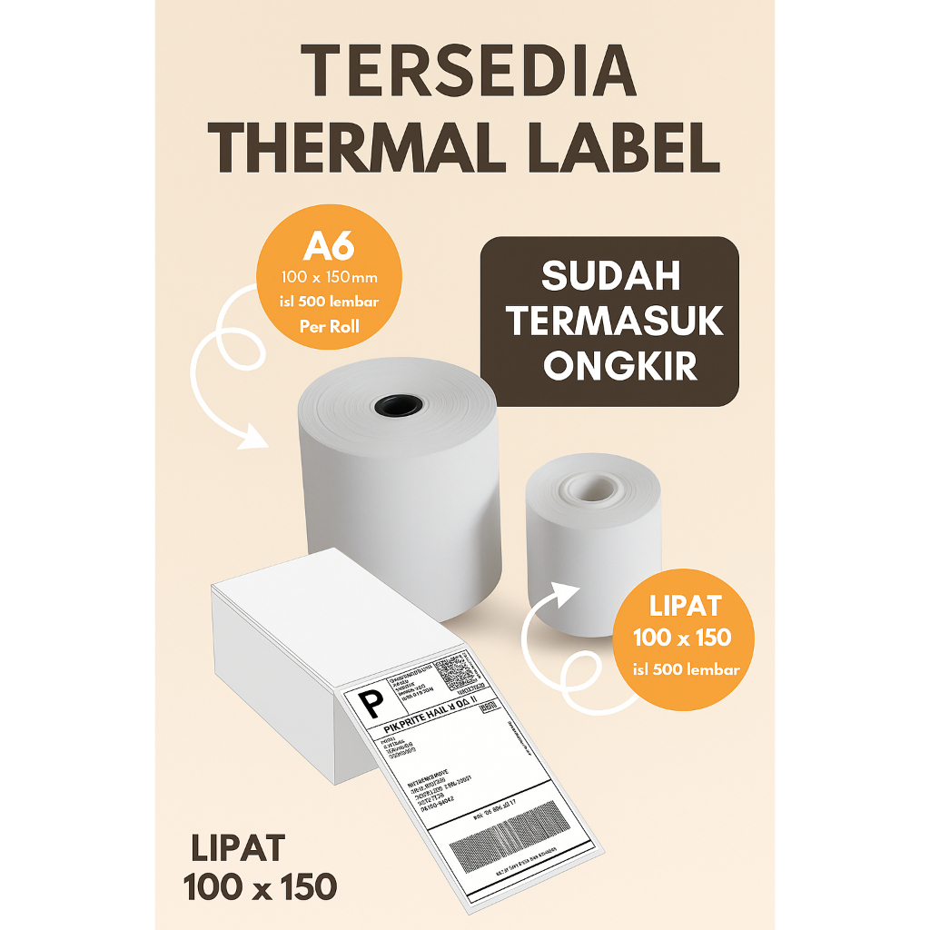 

LABEL TERMAL UKURAN 100X150 A6 TERMAL GULUNGAN DAN TERMAL LIPAT ISI 500 LEMBAR