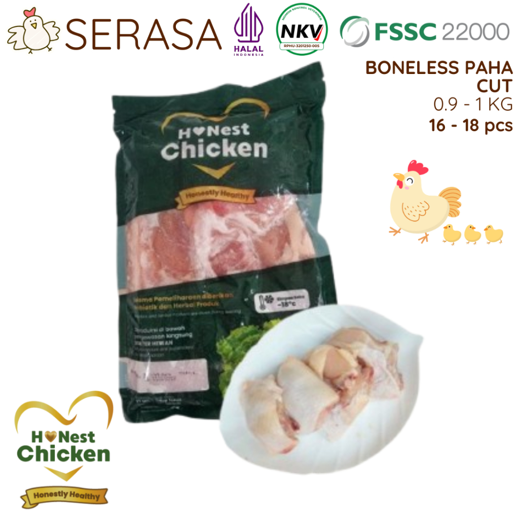 

HONEST CHICKEN DAGING AYAM PROBIOTIK AYAM BONELESS PAHA CUT - PAHA POTONG HALAL NKV 900 GR - 1000 GR