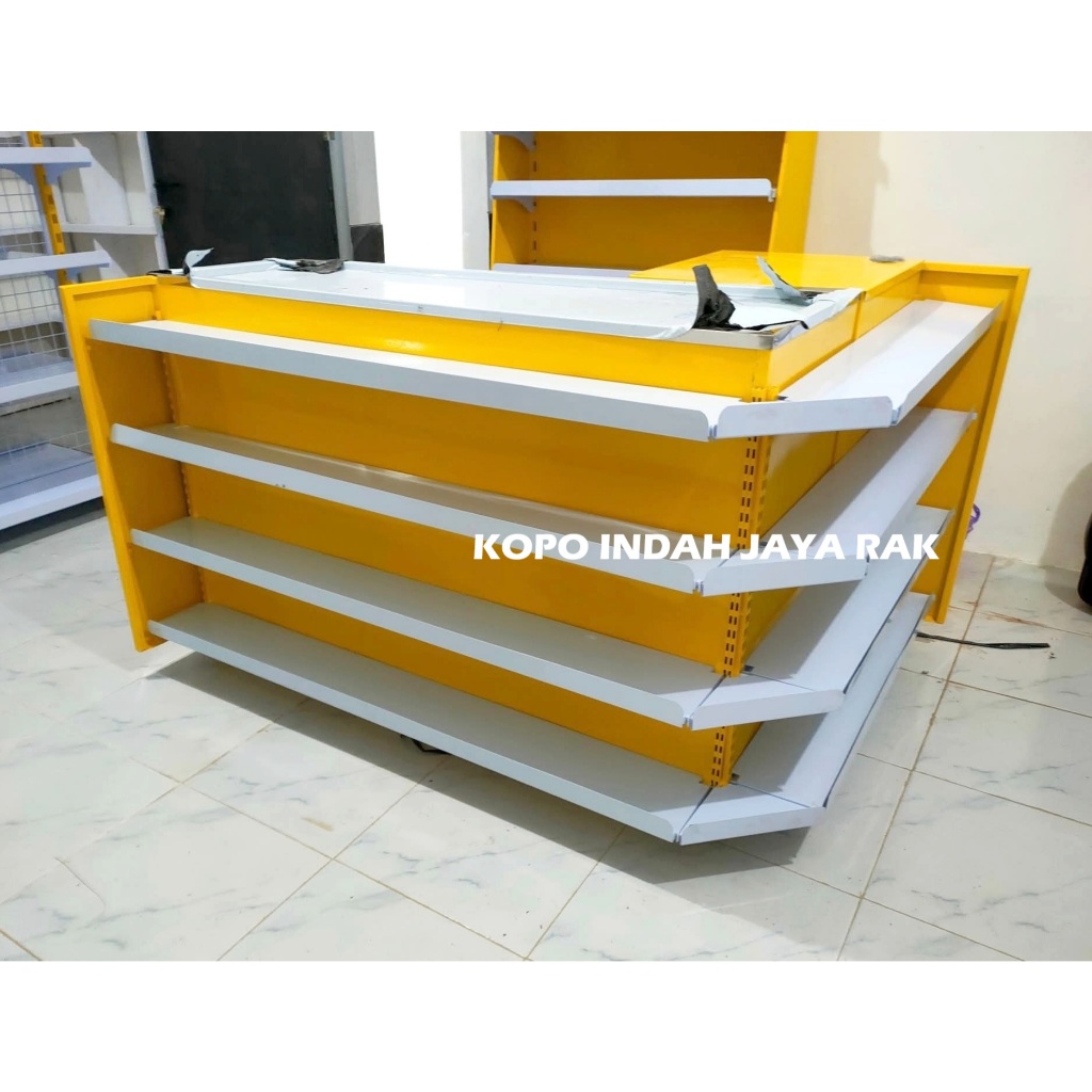 Meja kasir L Custom warna | Display Rak rokok box | Murah bisa Custom warna Kuning Biru Hijau Merah 