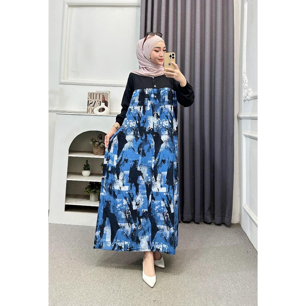 Gamis terbaru motif abstrak kombi polos midi dress viral baju muslim lebaran katun rayon terbaru len