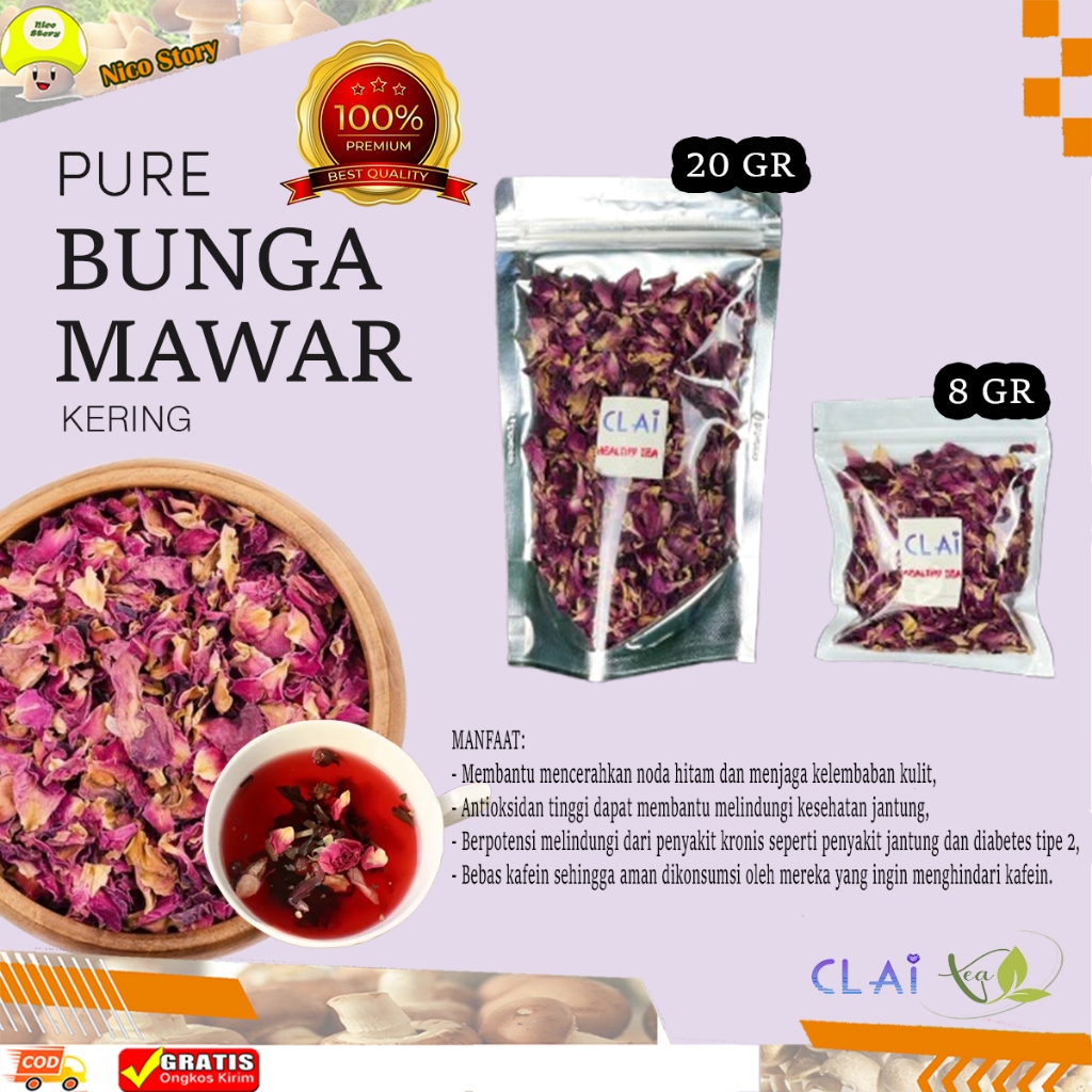 

(ncs) Clai Teh Bunga Mawar Kering Organik 20 & 8 Gr Rose flower minuman herbal kesehatan rosa rosehip rosebud tea