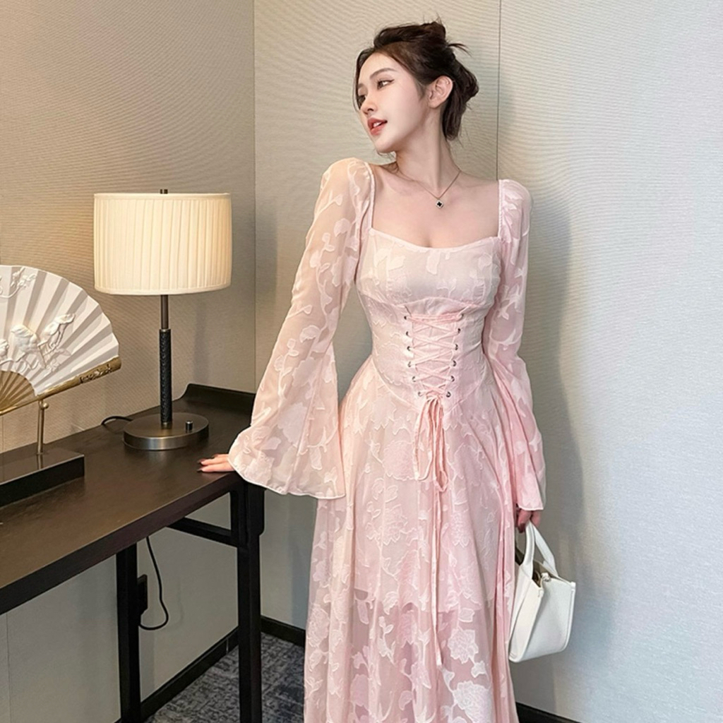 Hatuget Dress Korean Dinner Party Longsleeve Midi White Pink