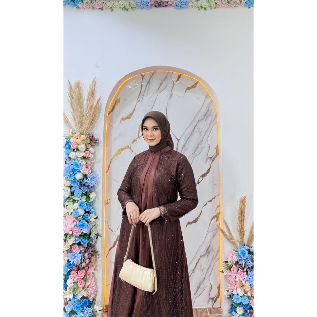 (REALPICK sesuai foto product)Gamis Terbaru Bahan satin kristal mix tille spinggel