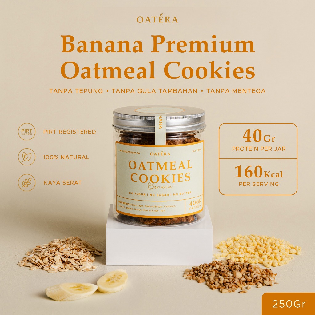 

Premium Oatmeal Peanut Cookies - Banana 250gr - Oatera Cookies Diet Tinggi Protein