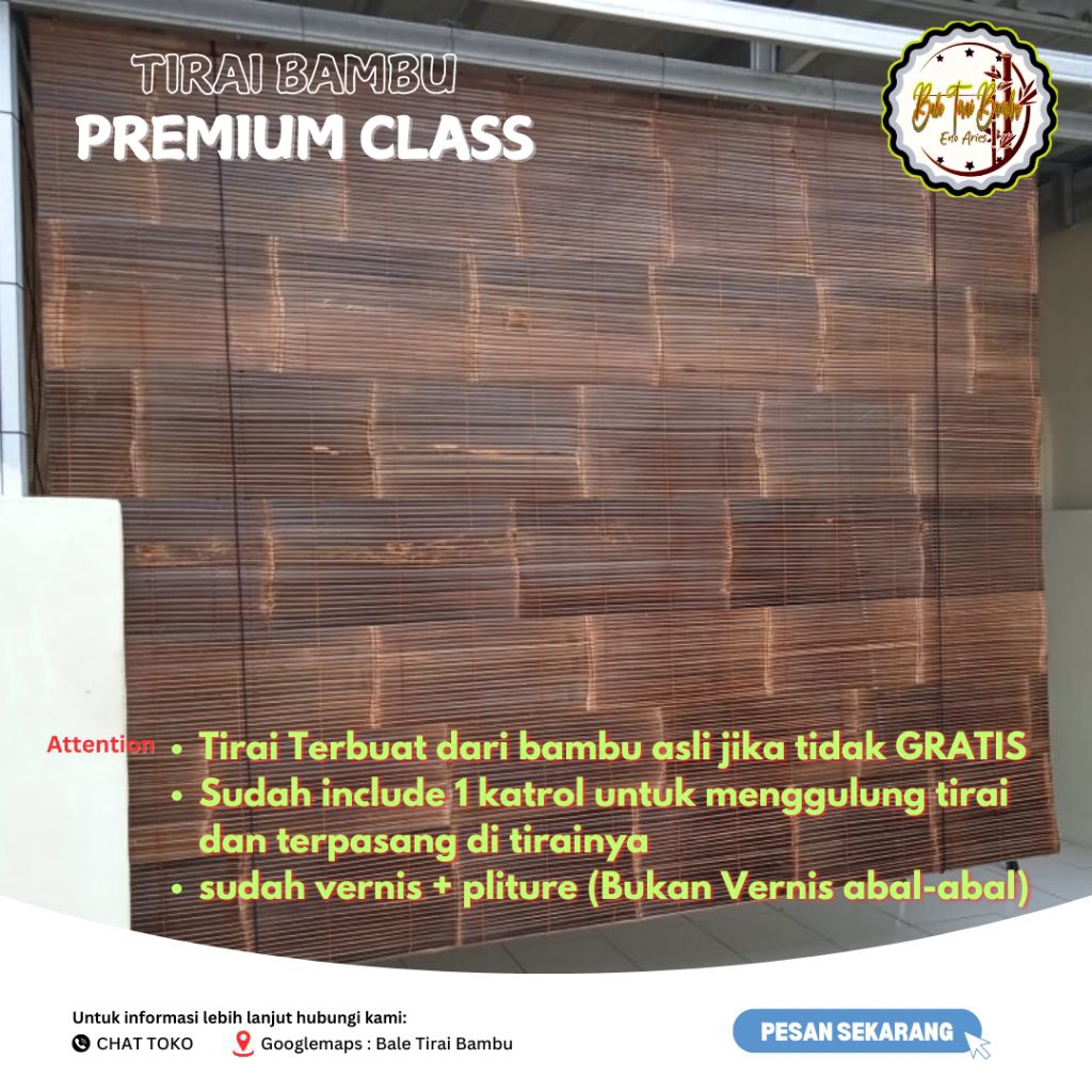 Tirai gulung outdoor L.2,5m x T.2m bambu hitam lengkap katrol kerekan penggulung curtain premium cla