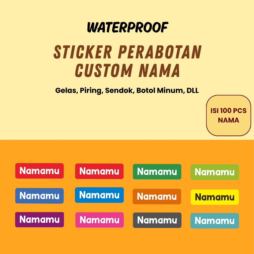 

Sticker Perabotan Custom Nama 100 Pcs Piring Sendok Botol Gelas timbul waterproof label